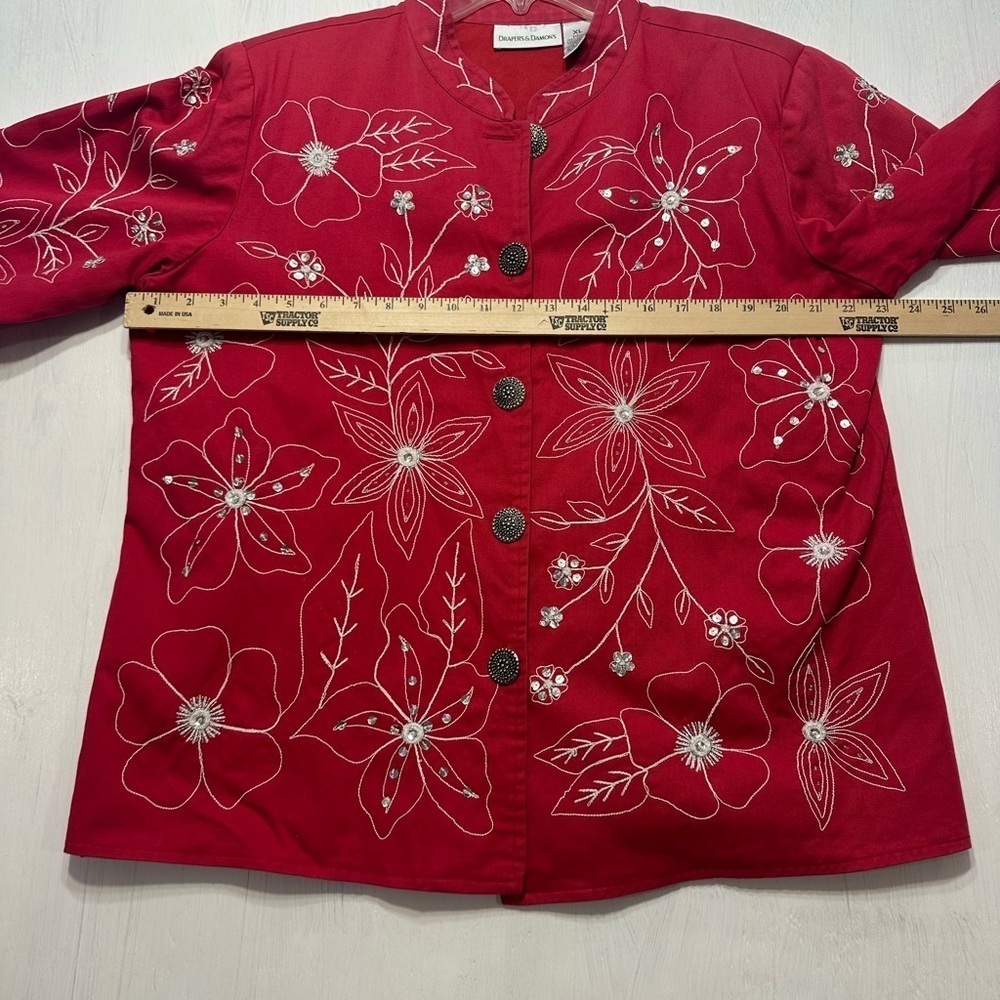 Draper’s & Damon’s Jacket XL Red Floral Embroidered Sequin Beaded Button Front - Picture 4 of 9